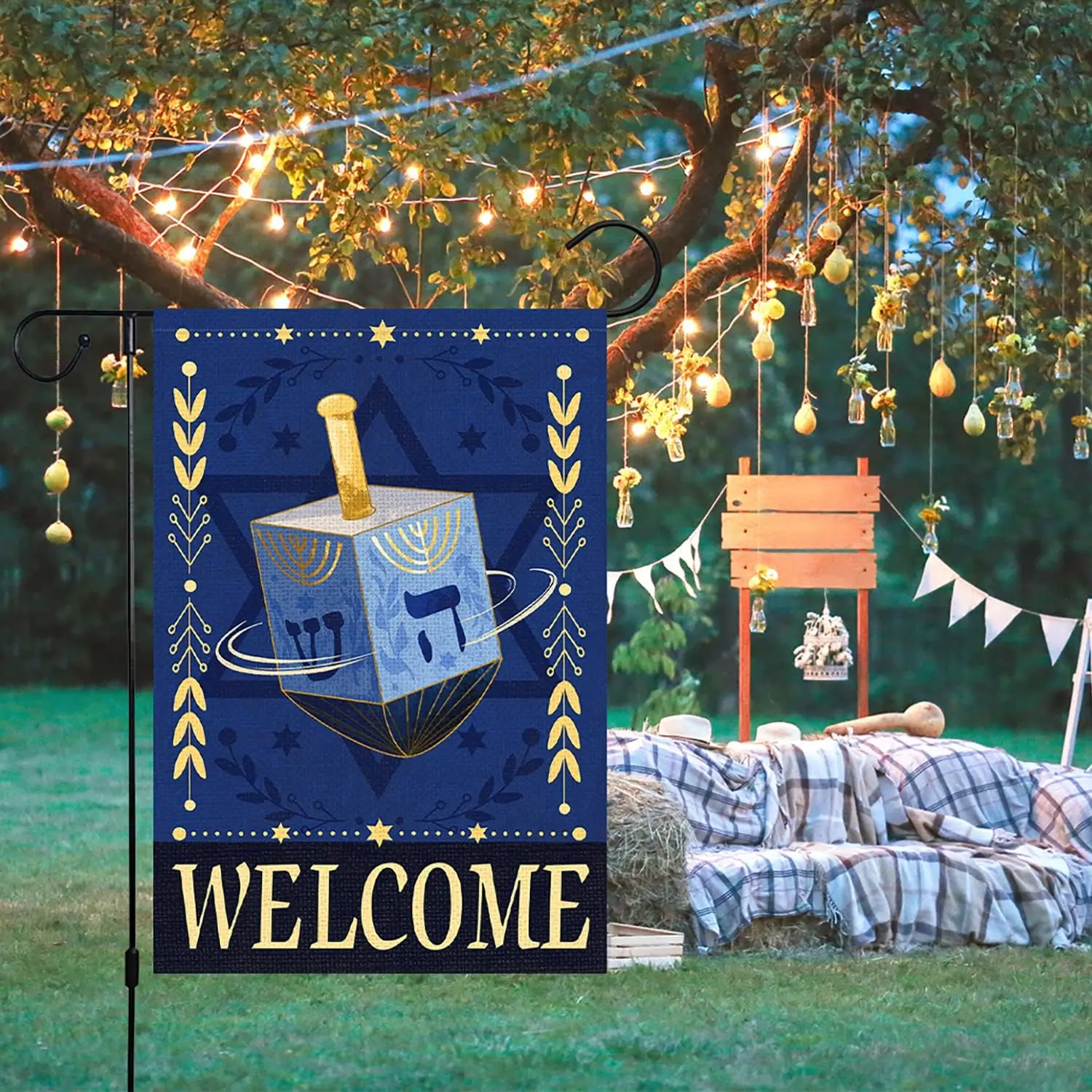 Happy Hanukkah Garden Flag 12x18 Double Sided Vertical, Burlap Small Jewish Sivivon Holiday Hanukkah Flag Banner with Dreide UUX
