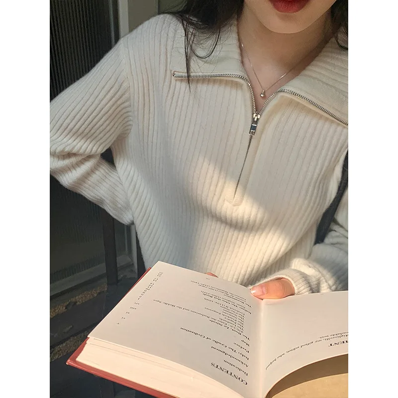 

Women's Loose Knitted Long Sleeve Base Layer Shirt Autumn Winter New Design Sense Fashionable Top Zipper Inner Wear