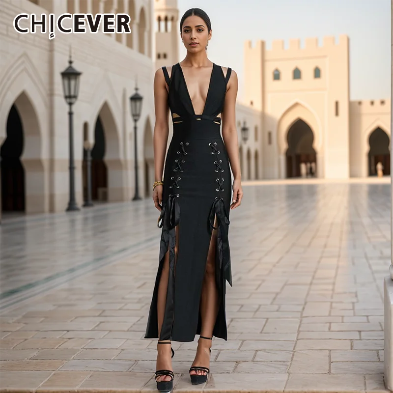 

CHICEVER Sexy Hollow Out Dress For Women Deep Neck Sleevless Off Shouder High Waist Spliced Lace Up Solid Split Dresses Female