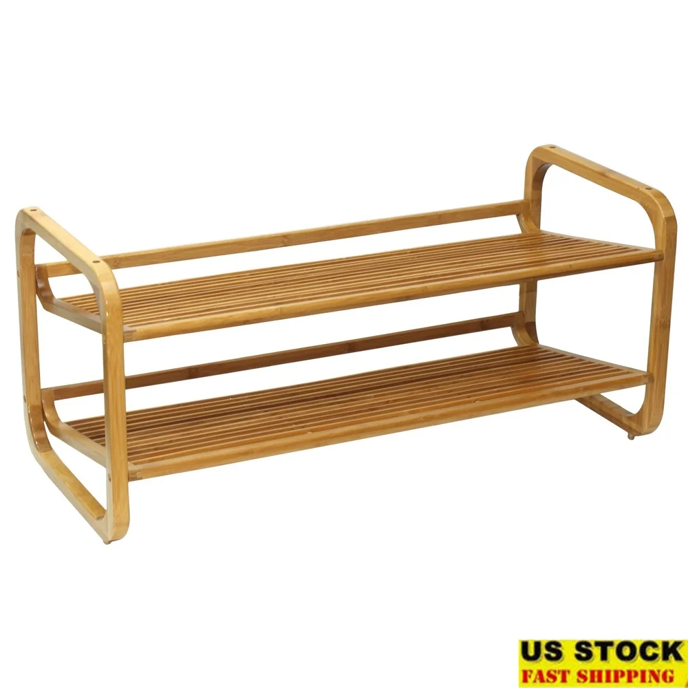 

2-Tier Bamboo Shoe Rack Storage Organizer Holds 6-8 Pairs Easy Assembly Adjustable Shelves Indoor Use Natural Finish