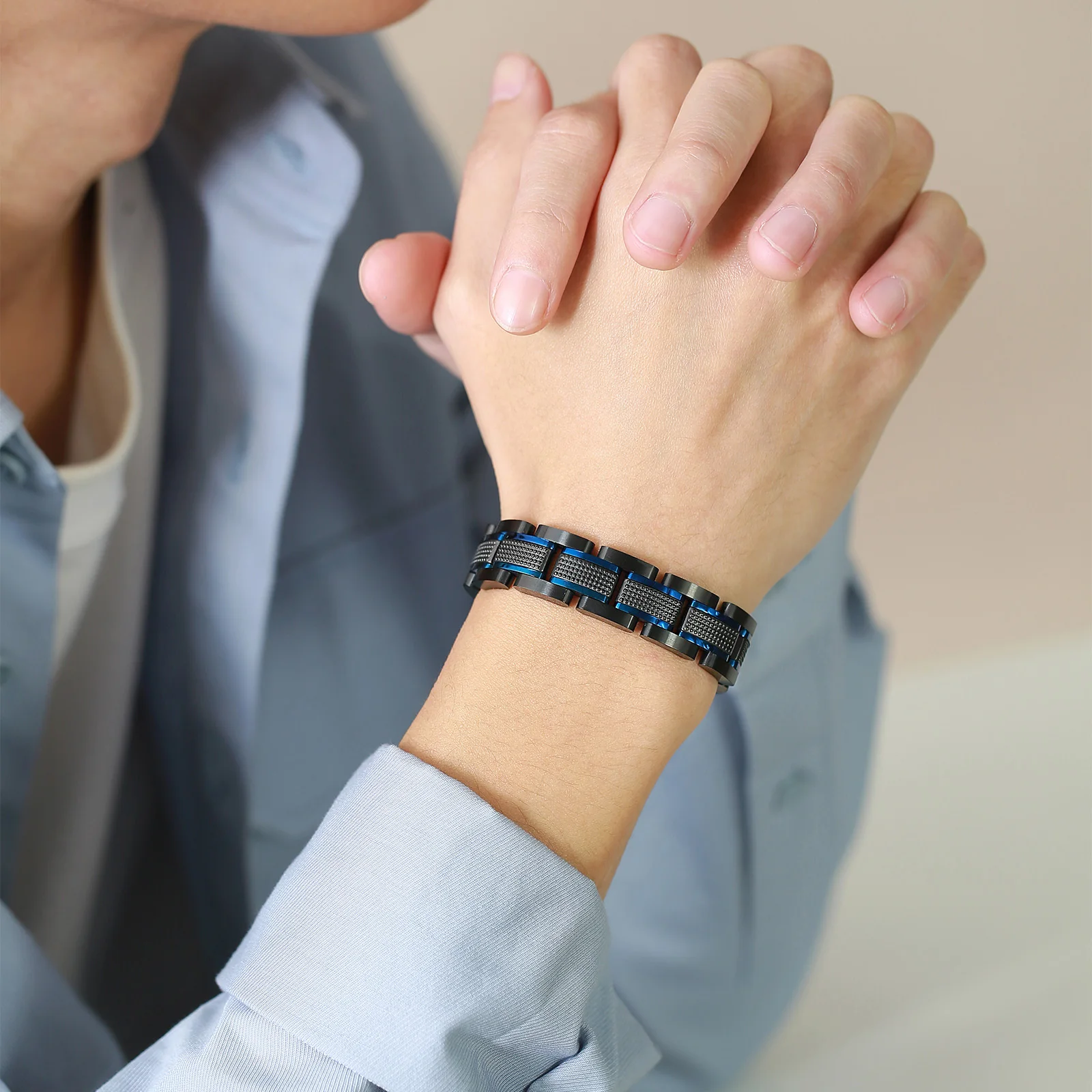 Luxury Black Strap Bracelets for Men Boys,22.5CM Stainless Steel Wtach Band Link Wristband,Best Gift for Husband Father