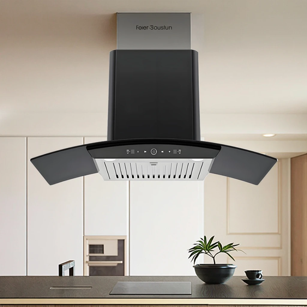 

Black Glass Wall Mounted Range Hood Auto-Clean Chimney for Kitchen Cooker LED 60cm\90CM for Hotels Home Use