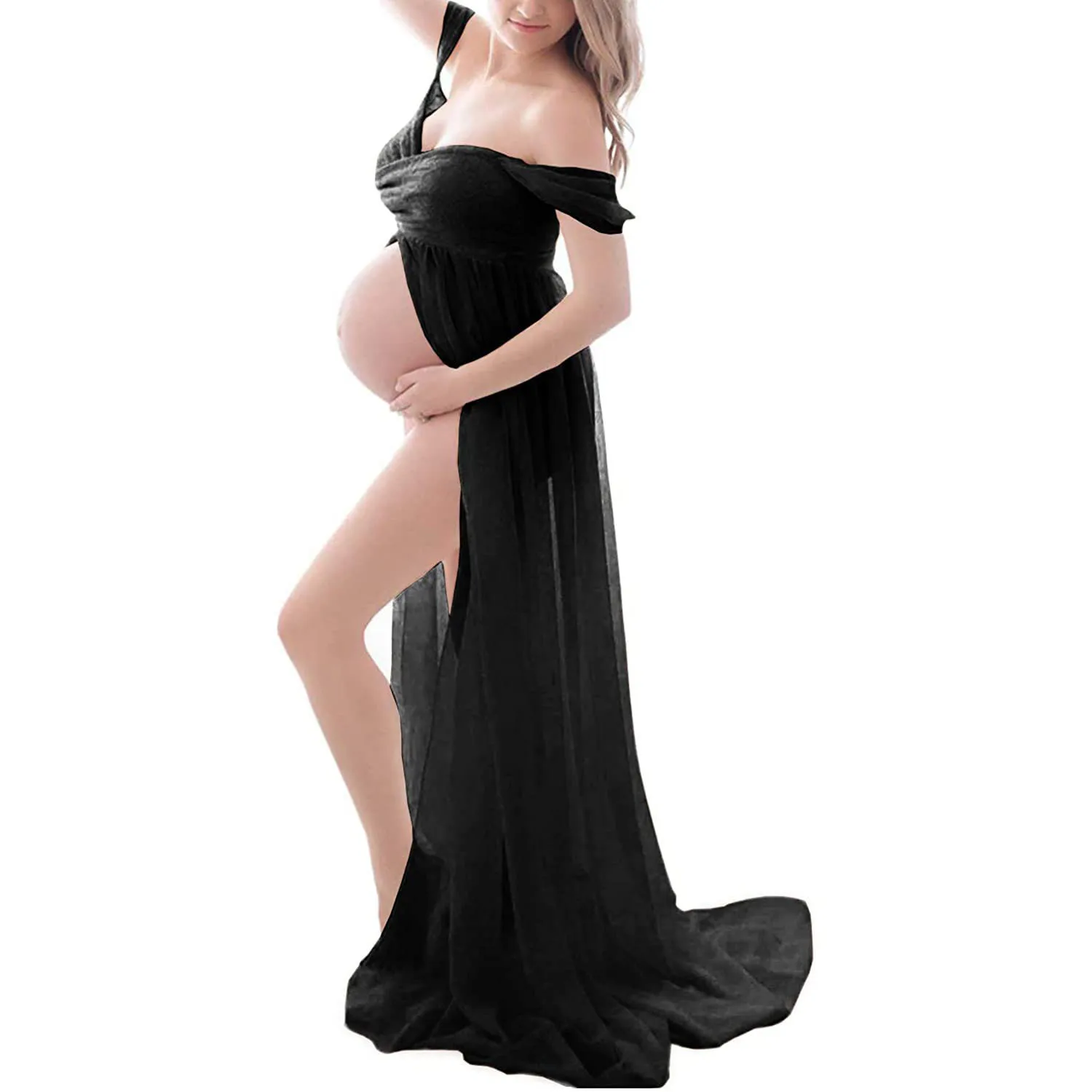 Vestido de maternidad para sesión de fotos, gasa plisada, manga larga, hombros descubiertos, cuatro piezas, estilo bohemio, vestido de fotografía para mujer