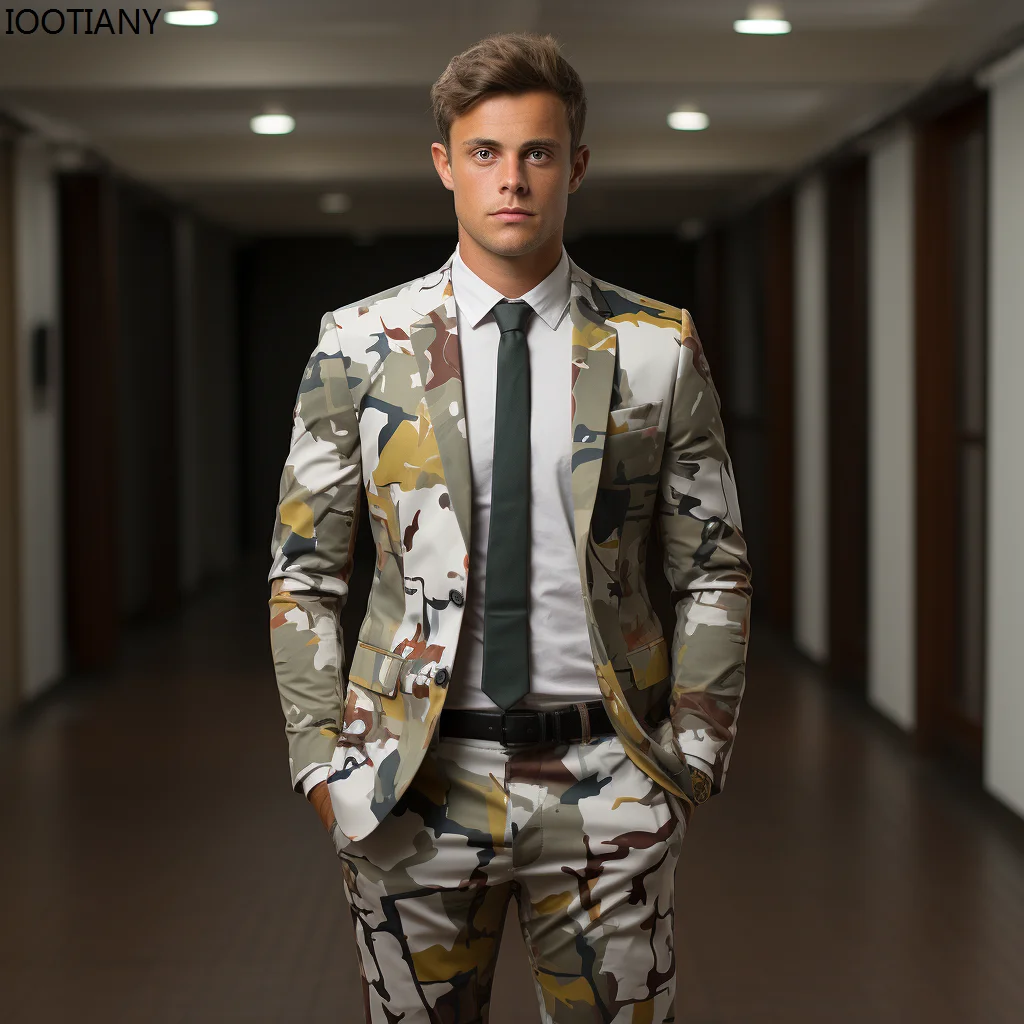 Geometric Camouflage Tactical Handmade Suit Men's 3d Digital Printing Suits Cos Party Stage Nightclub Shiny Cool Performance Set