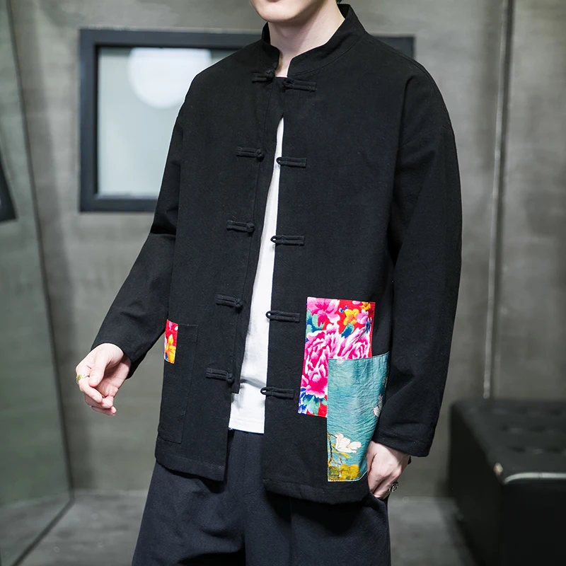 

Renewed Traditional Chinese Sle Cotton Linen Men's Jaet with Button Design Spring Autumn Faionable Youth Outerwear