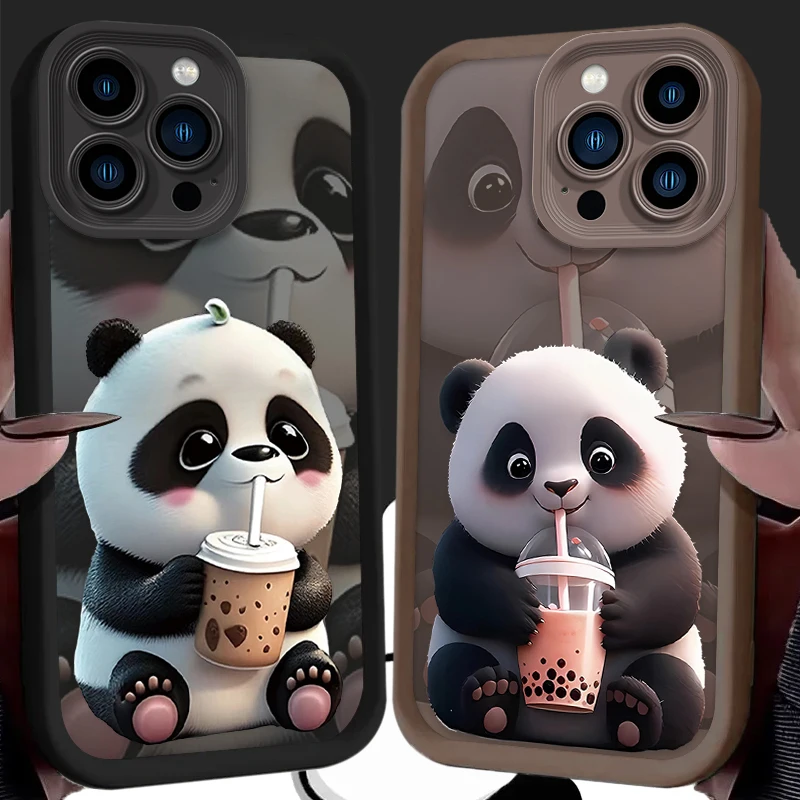 Drink Tea Milk Panda Soft Phone Case for iPhone 15 ProMax 14 13 12 11 Pro Max XS X XR 8 7 6S Plus SE 2020 Liquid Silicone Cover