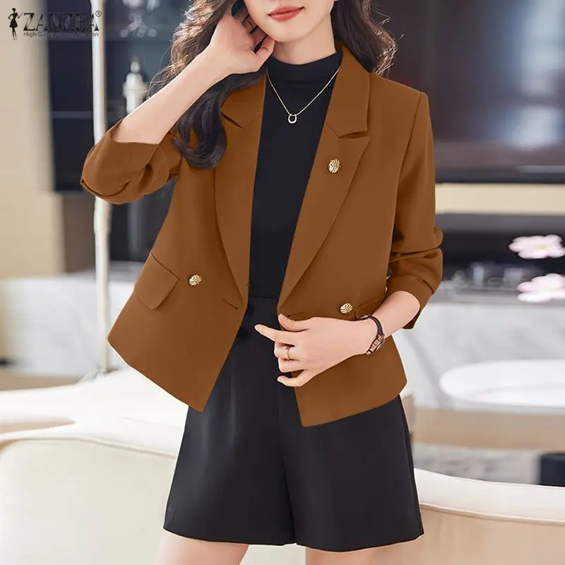 

Woman Elegant Solid Color Lightweight Blazer Peak Lapel Long Sleeve Double-Breasted Jackets 2026 Spring Office Wear Women's Coat