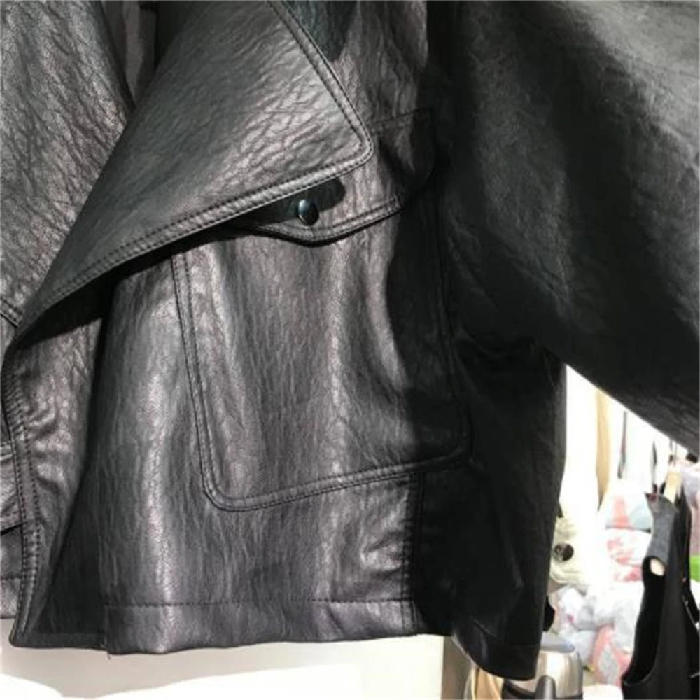 Women's Faux Leather Biker Jacket Black Coat Turndown Collar PU Motorcycle Jackets Loose Streetwear Outerwear Spring Tops New