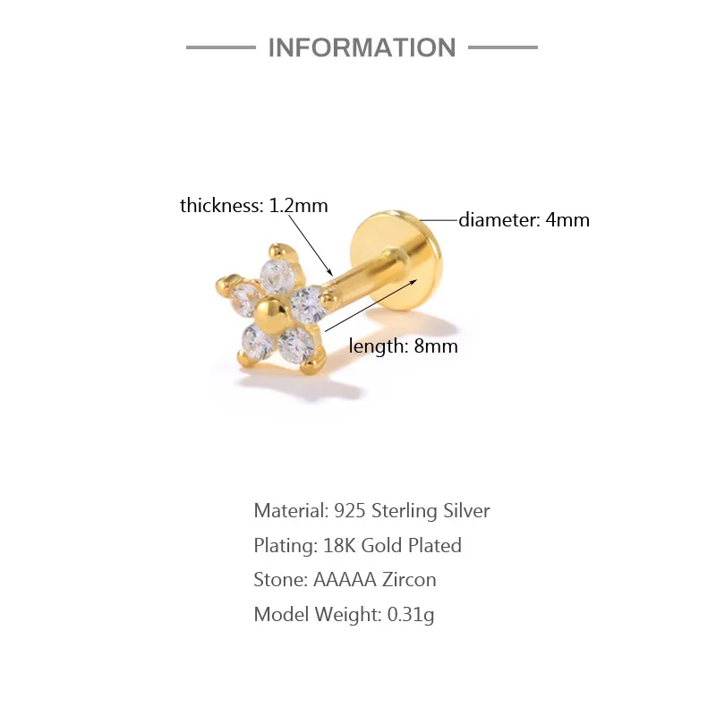 Aide 925 Sterling Silver Zircon Star Flower Tragus Helix Piercing Earrings Women Labret Lip Ring Cartilage Stud Punk Jewelry 1PC