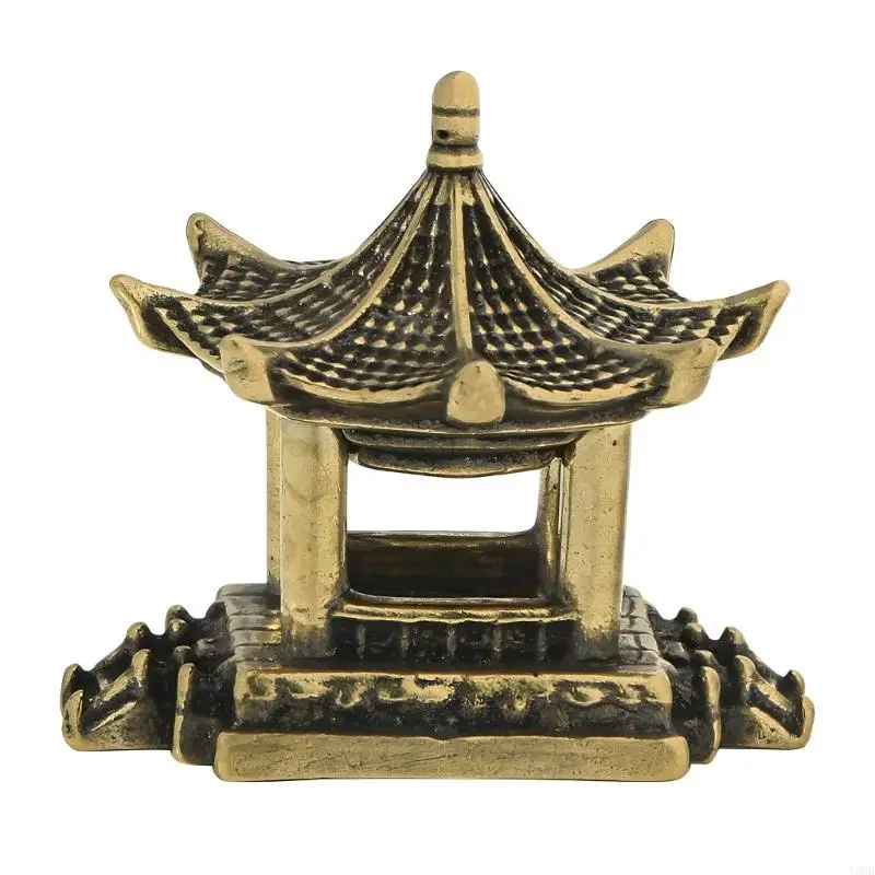 Brasses Pavilion Figurine Chinese Inspired Tabletop Decors Accent with Octagonal Roof and Antique Gold Finish for Shelf, Y5GB