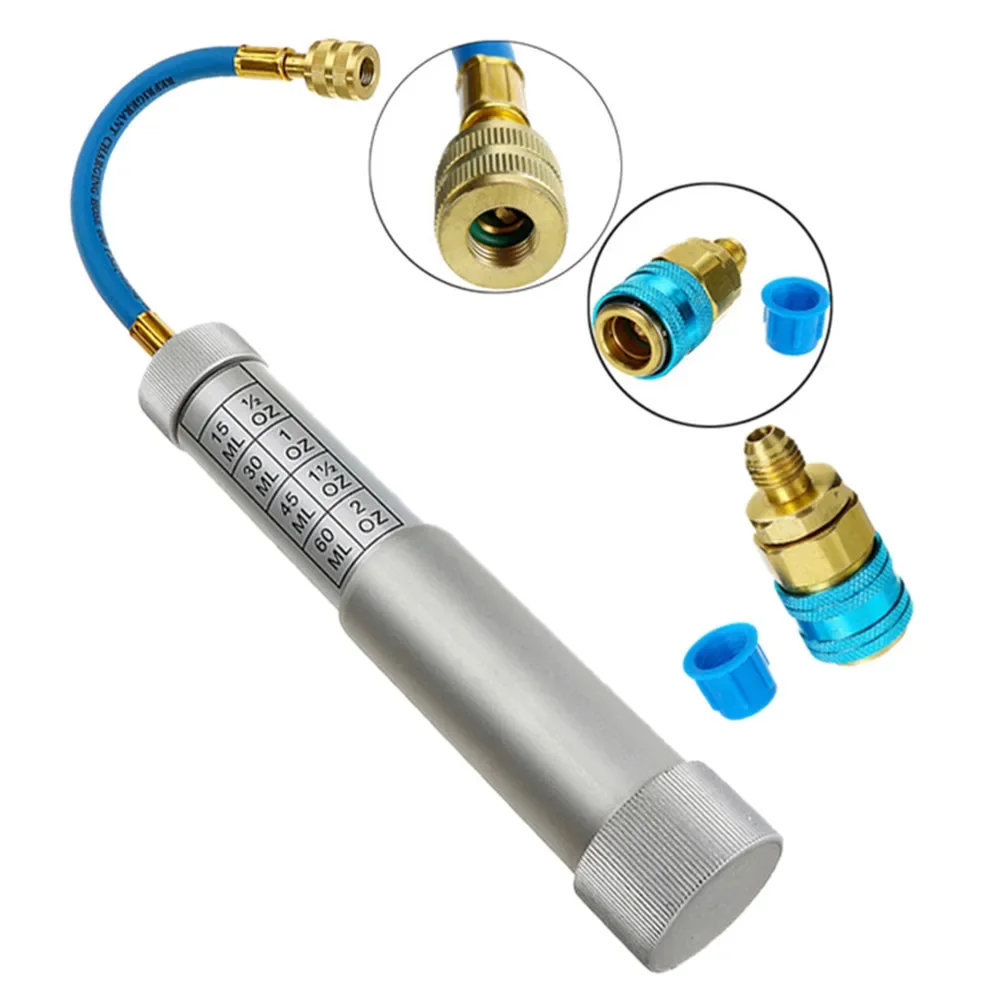 Car Air Conditioning Coolant Filling Tube Injection Tool Oil Dye Syringe R134A 2Oz Manual Oiler A/C Oil Injector Adapter