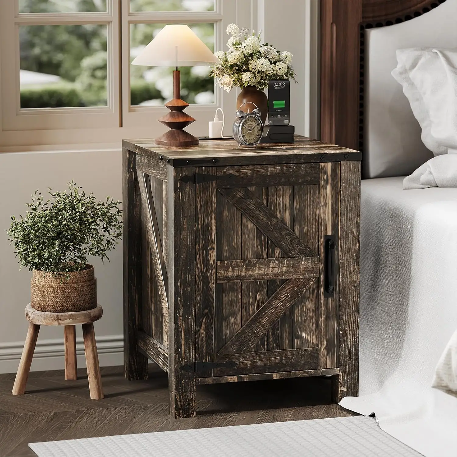 Farmhouse Bedside Table with USB Charging Station, 18'' Light Brown Wooden Bedside Table, Adjustable Two-Tier Shelf, Sliding Barn Door, Modern Bedroom End Table