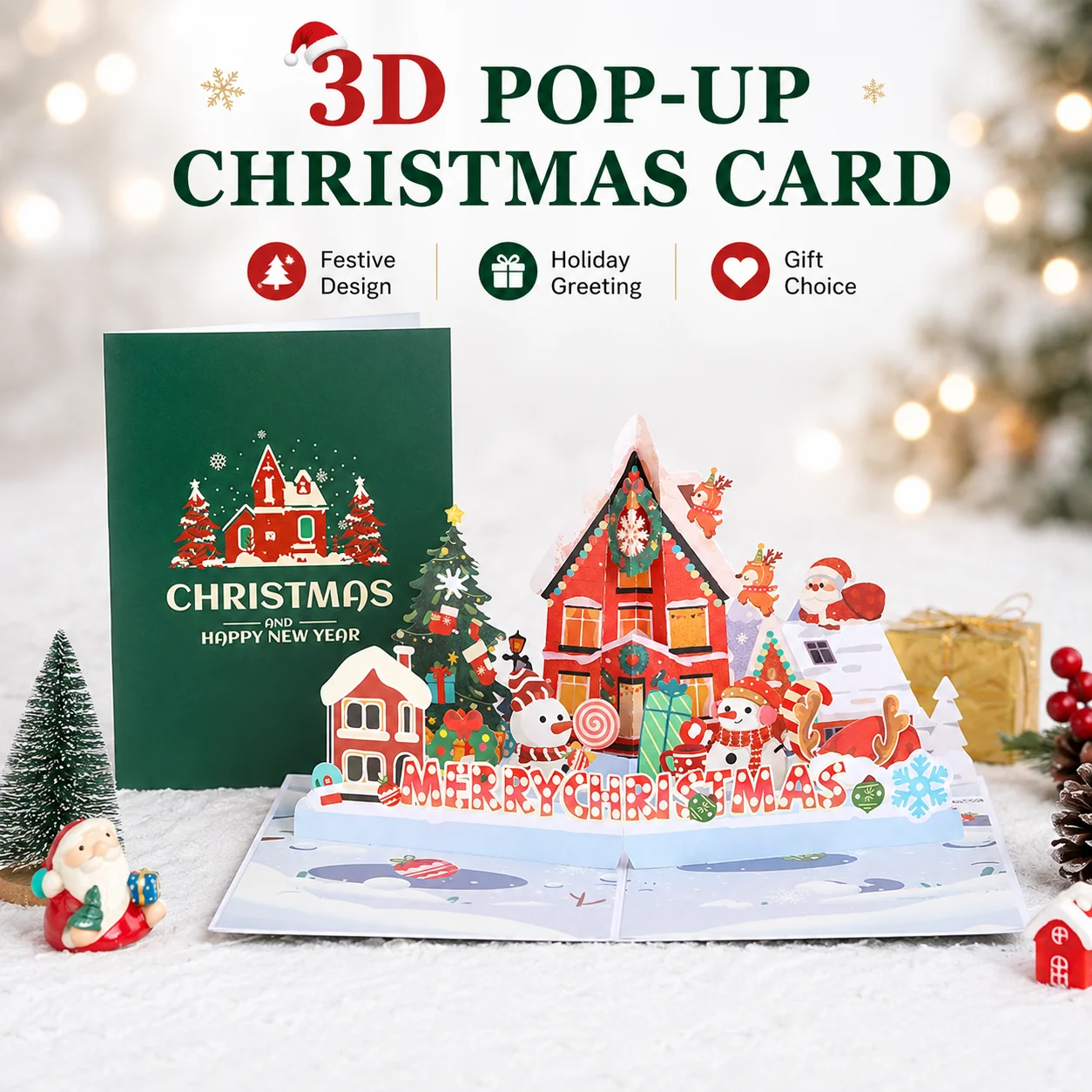 3D Christmas House Christmas Card, Vintage Family Party Invitation, Wonderful Holiday Greeting Card (with envelope)