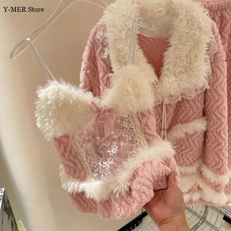 2025 New Winter Princess Homewear Sexy Hollow Out Lace Sling Top Coat Pants Pajamas Suit Thicken Flannel Sleepwear Outwear