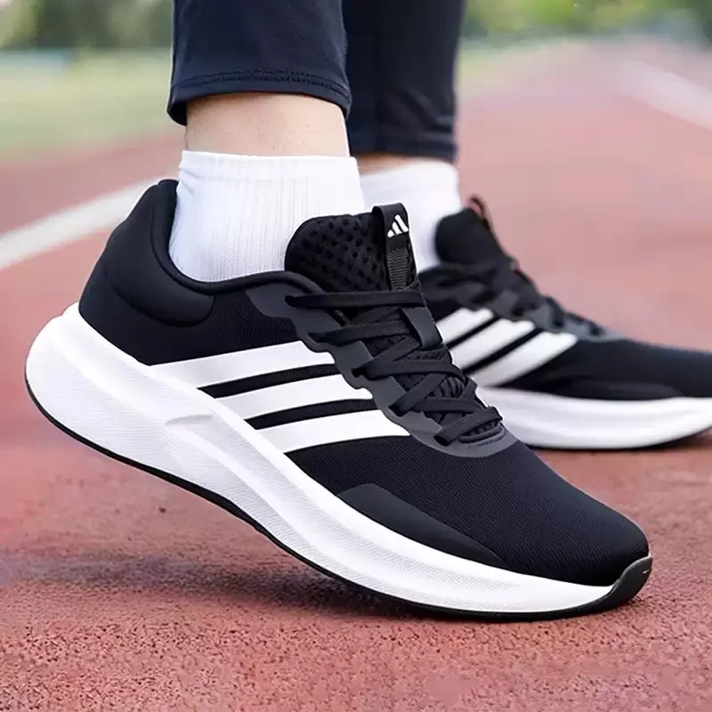 adidas  Black White Three Stripes Breathable Mesh Lightweight Cushion Running Sneakers JH5554