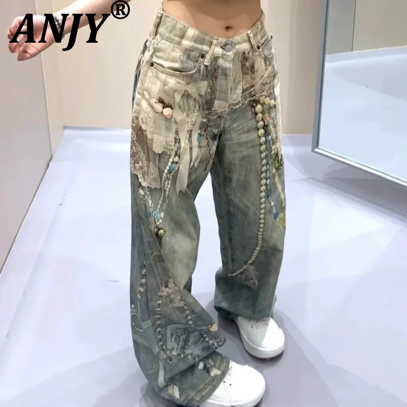 

ANJY Autumn New Women Casual Jeans Lace Patchwork Denim Printed High Street Vintage Stylish Y2K Elegant Ins Straight Pants A8784