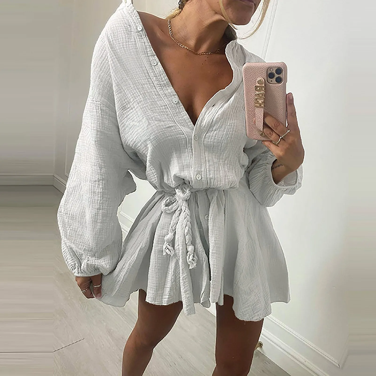 

Elegant Commuting Office Ladies Dress V-neck Sexy Sweet Solid Color Ruffle Dress Straight Long Sleeve Dress Summer Clothing