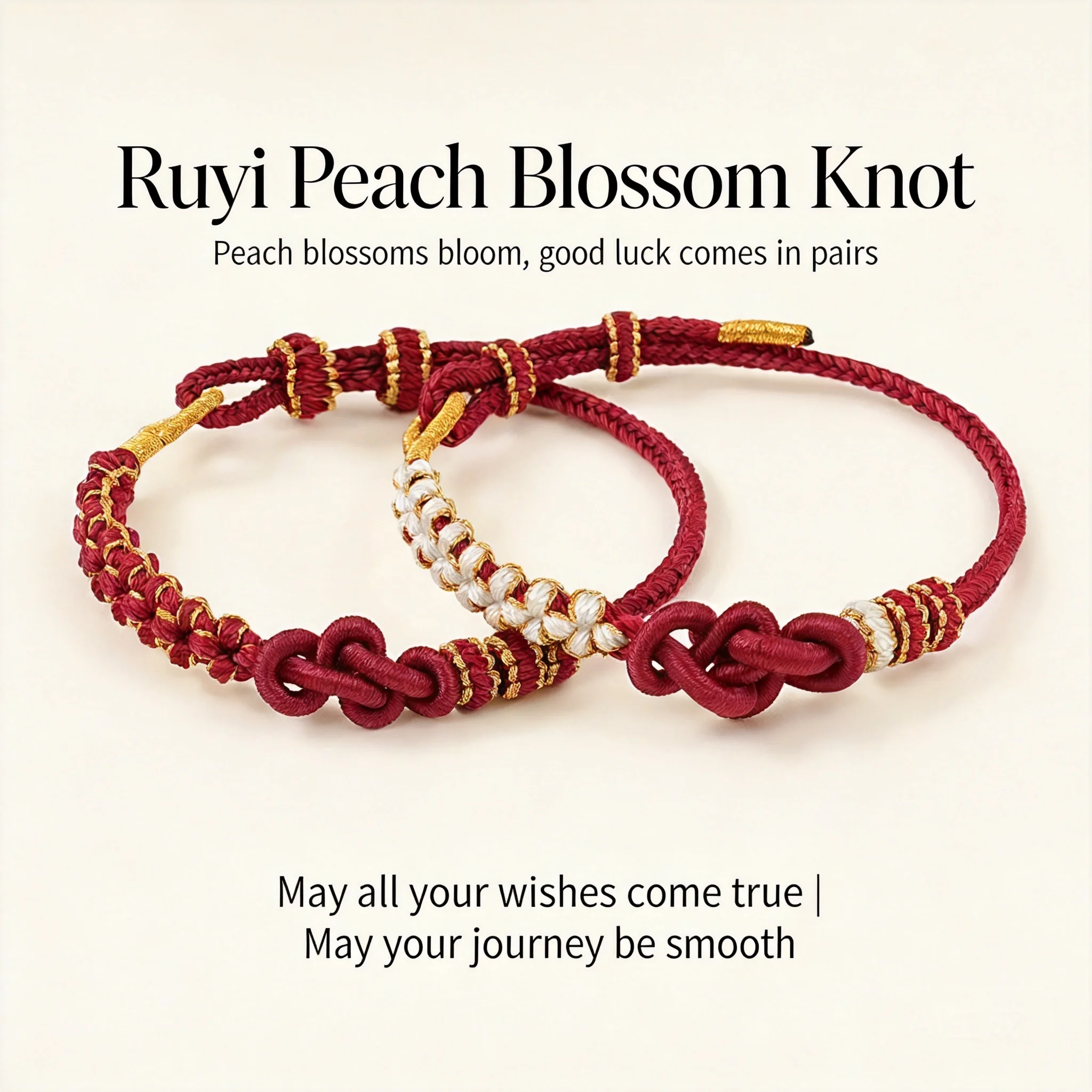 Chinese Style Handmade Ruyi Peach Blossom Knot Braided Bracelet Lucky Blessing Good Luck Couple Friendship Adjustable Beadable