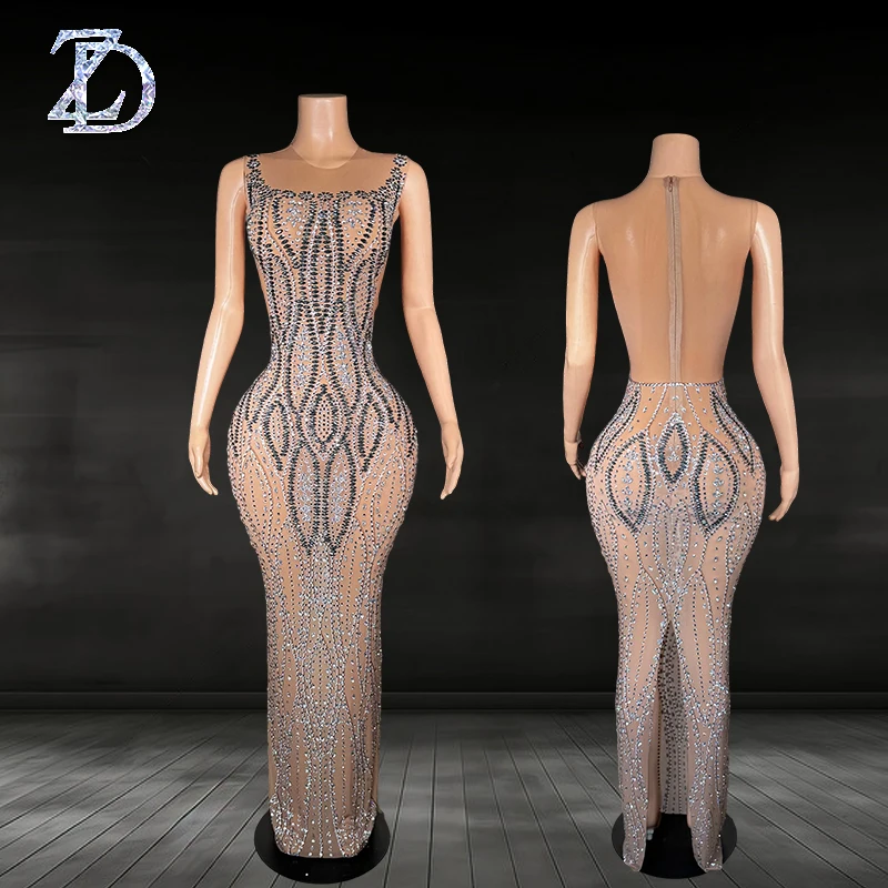 

ZD Dress Company Ежегодное собрание Host Vestito Высококачественное знаменитое платье с низким вырезом на подтяжках Серебристое телесное универсальное длинное платье на день рождения
