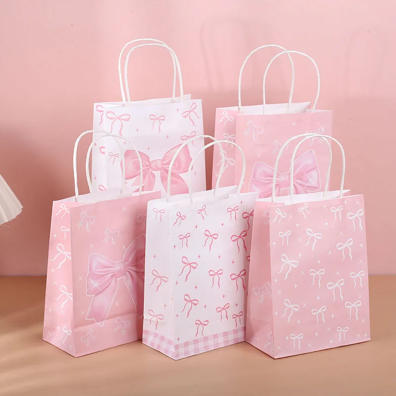 

5Pcs Pink Bow Paper Gift Bags With Handle Cute Goodie Candy Biscuit Treat Bag Girls Birthday Baby Shower Wedding Party Supplies
