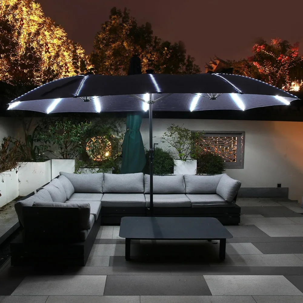 

15 ft Patio Umbrellas with Solar Light 3 Level Brightness Glass Fiber Umbrella Rib Double-Sided Large Rectangle Umbrella Base