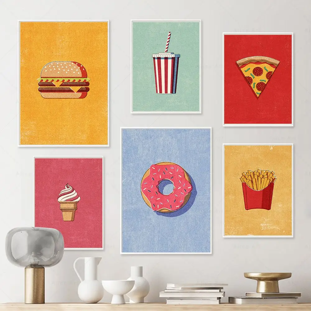 Vintage Food Poster Burger Fries Hot Dog Ice Cream Pizza Softdrink Bacon Donuts Dessert Wall Art Prints Retro Kitchen Cafe Decor