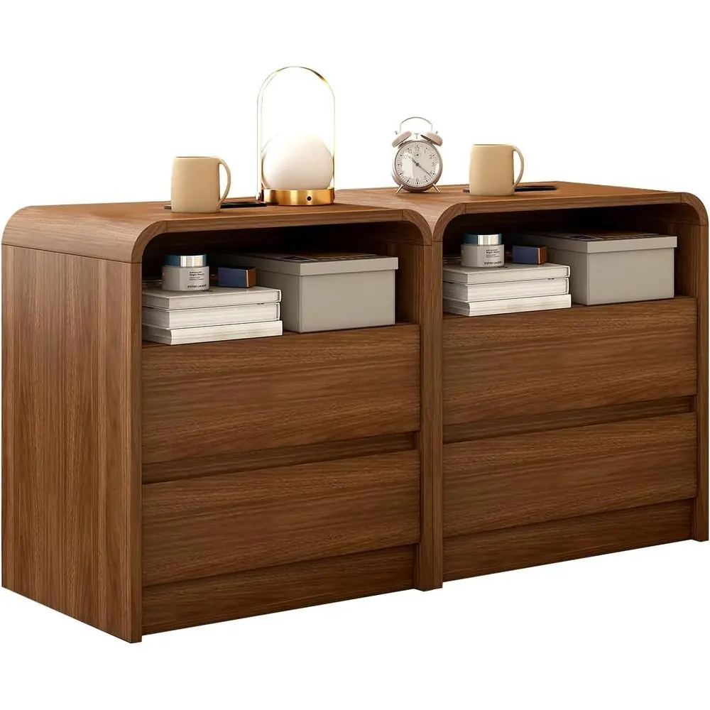 

23.6" Walnut Nightstand Set o 2 with Charging Station, Anti-Collision Century ern Bede Table with 500 LB acity, Sot Close Ders N