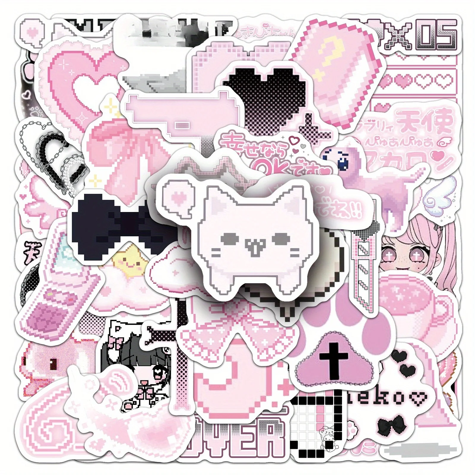 50 Stück Rosa Pixel-Stil Graffiti-Aufkleber-Set Dekorative Koffer-Wasserflaschen-Notizbuch-Skateboard Selbstklebende Sticker