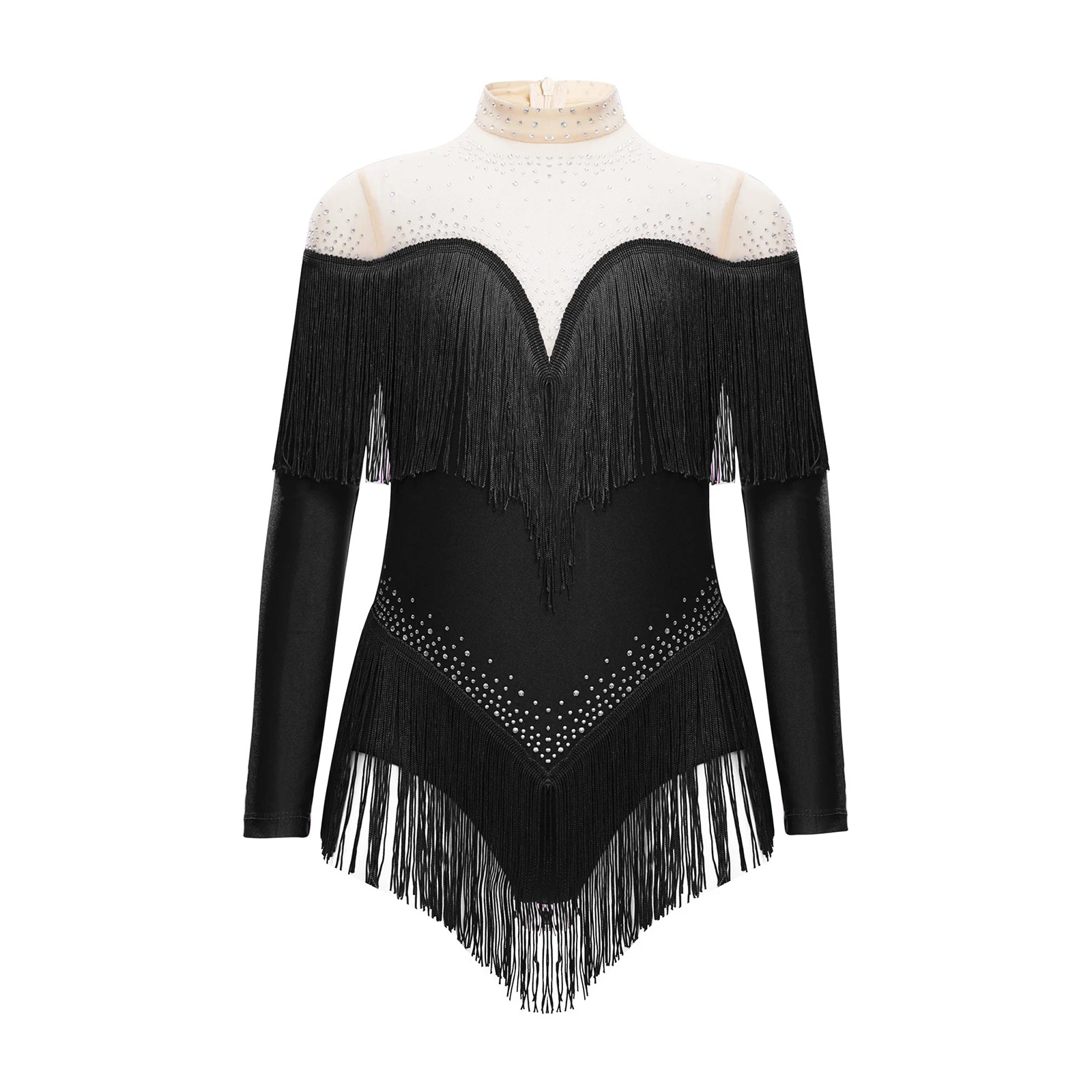 

Sparkling Latin Dance Leotard for Girls with Sheer Mesh And Rhinestone Tango Salsa Chacha Dance Costume for Stage Performances
