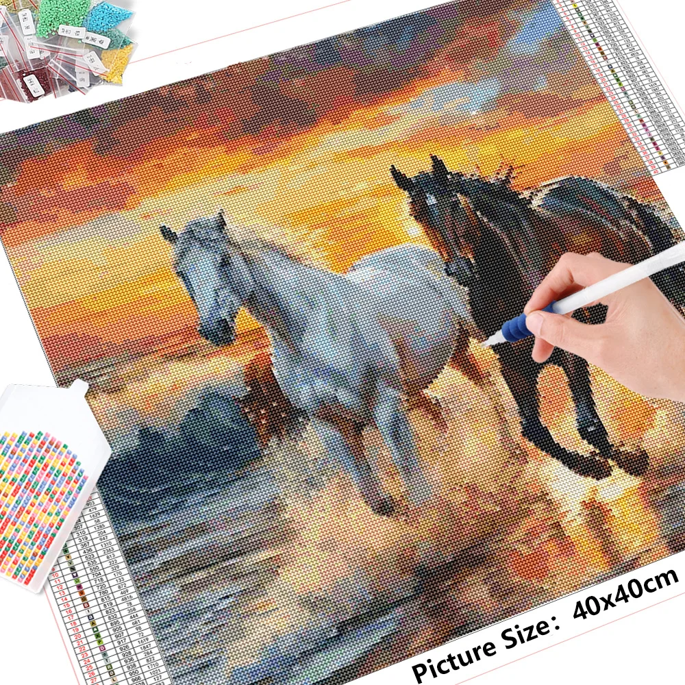 HUACAN Full Diamond Painting Animal Horse New Arrivals Diamond Mosaic Sunset Embroidery Beach Wall Decor Craft Kit