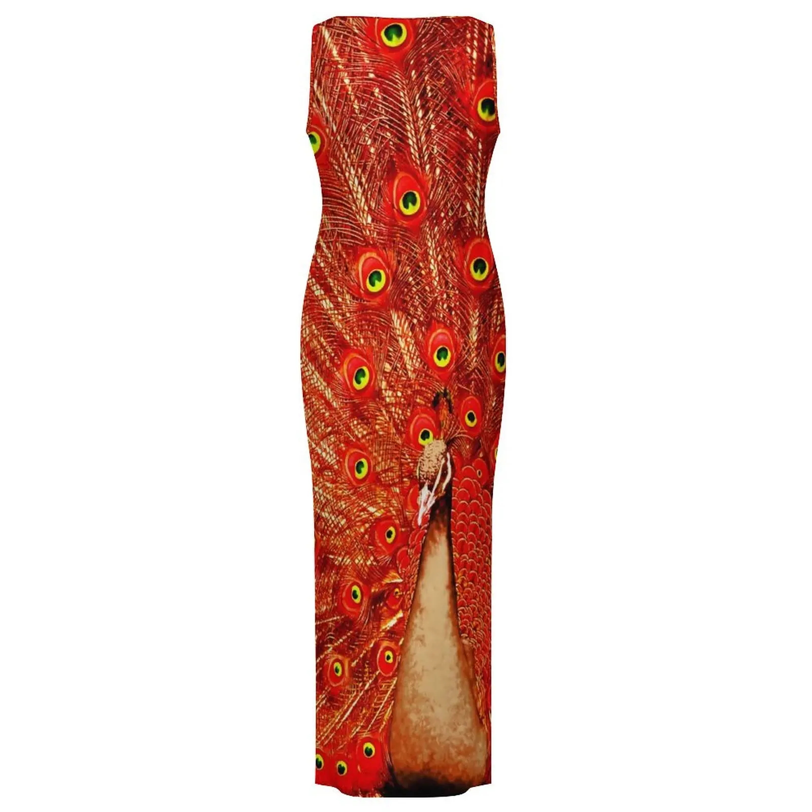 女性ボディコンドレススタイリッシュな赤孔雀の羽マキシドレス夏かわいい動物ノースリーブ Y2K ファッションカスタムドレス大サイズ