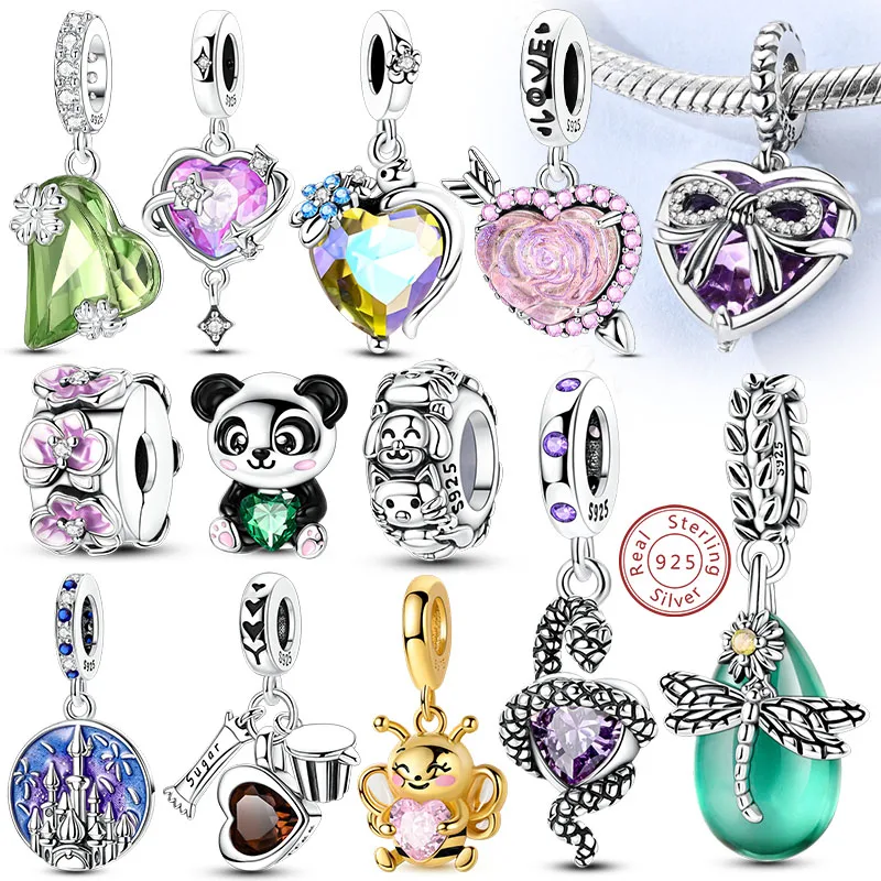 

Charms 925 Sterling Silver Love Bow Four-leaf Clover Heart Rose Panda Cat Charms Beads Pendant Fit Original Bracelet DIY Jewelry