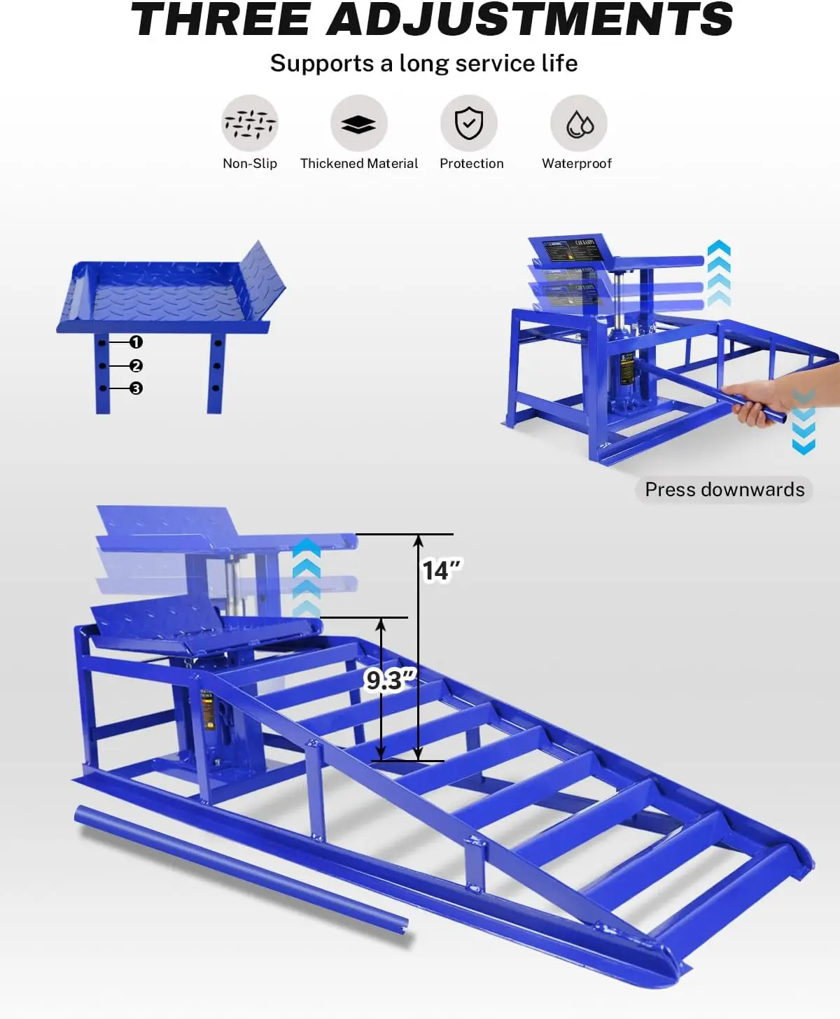سلالم سيارة هيدروليكية متينة 5T سعة قابلة للتعديل 23.6-35.6 سم ارتفاع سلالم السيارة مع لوحة مثلثة غير قابلة للانزلاق سلسلة حلقية المسمار