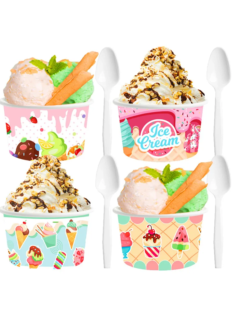 10/20/30/40/50pcs été crème glacée Sundae papier tasse jetable Dessert Snack tasse et cuillères bébé douche fête d'anniversaire fournitures