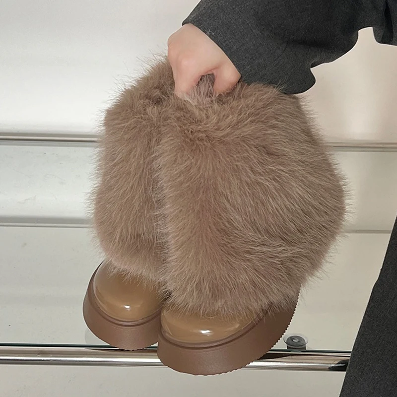 

Cheap Women's shoes Korean fashion Fur boots woman Fluffy plush Warm Winter Snow boots Round Toe Flat Heel Leather botines