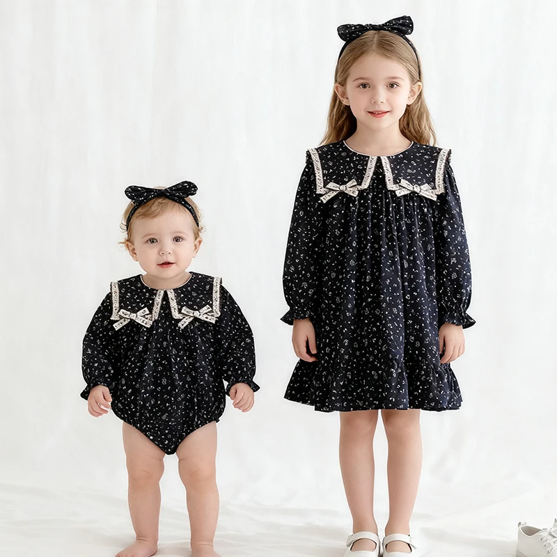 

2025 New Autumn European American Style 2-7Yrs Girl Party Dress Kids Princess Dresses Long Sleeved Cotton Print Baby Girl Romper