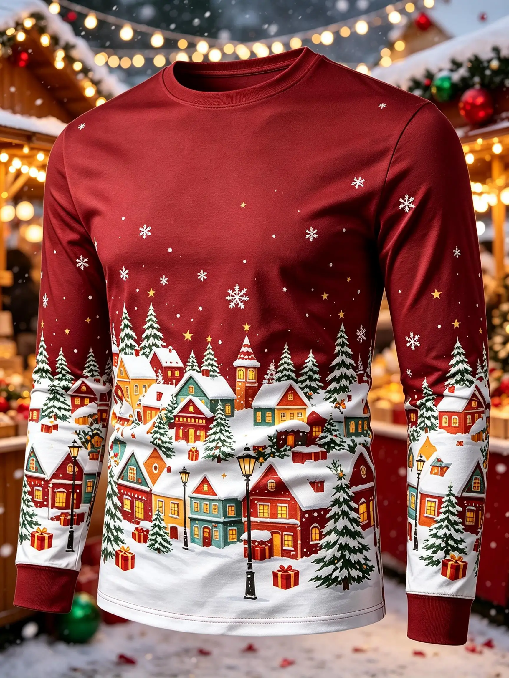 Mens Christmas Village Long Sleeve T Shirt Red Snow Town House Pine Tree Snowflake Holiday Print Top