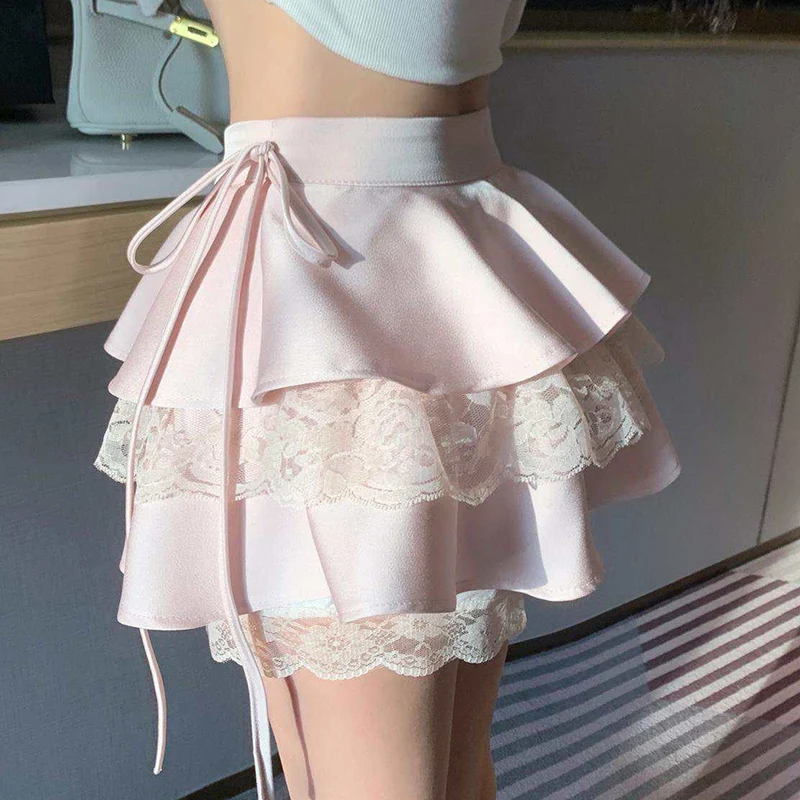 HOUZHOU Kawaii Pink Ruffle Mini Skirt Women Fairycore Lace Double-layer Cute High Waist Bandage Sexy Short Skirt Coquette Lolita