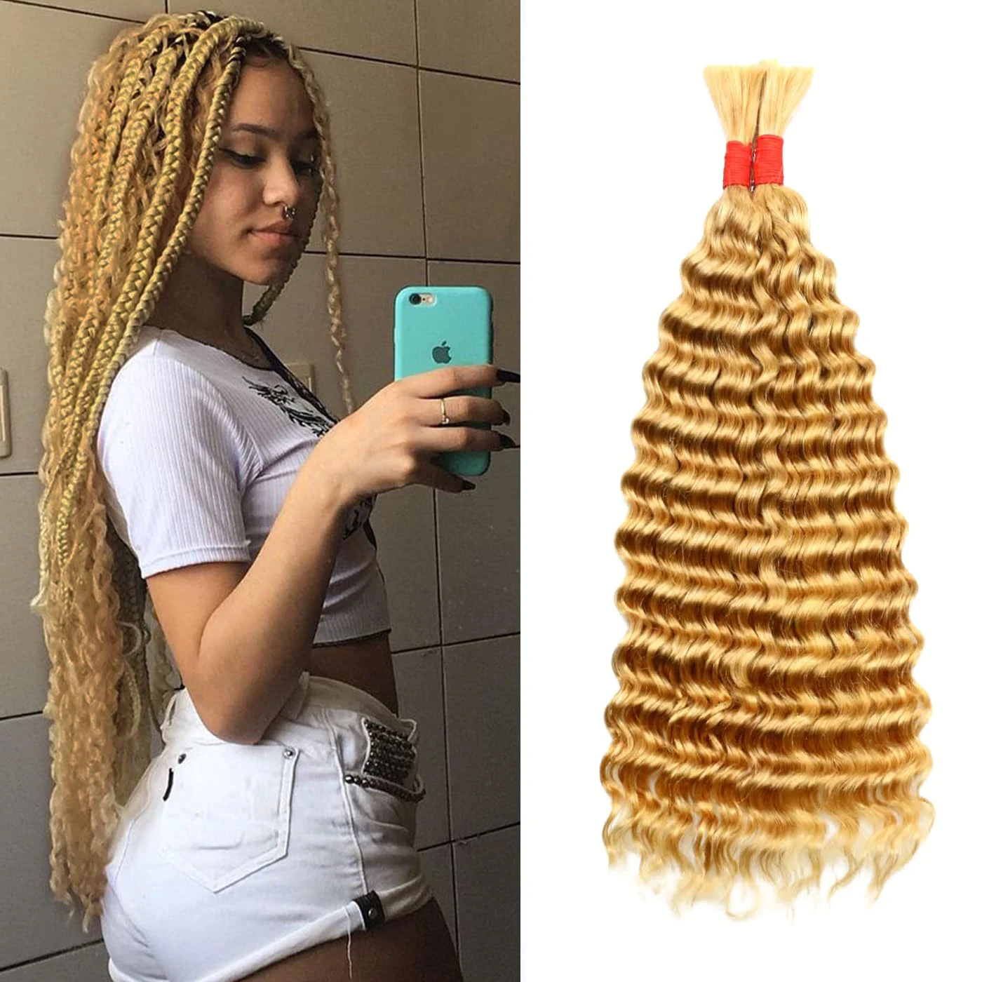 Cabelo humano maioria para trançar, onda profunda, nenhuma trama, Virgin brasileiro, 24 dentro, louro do mel, #27