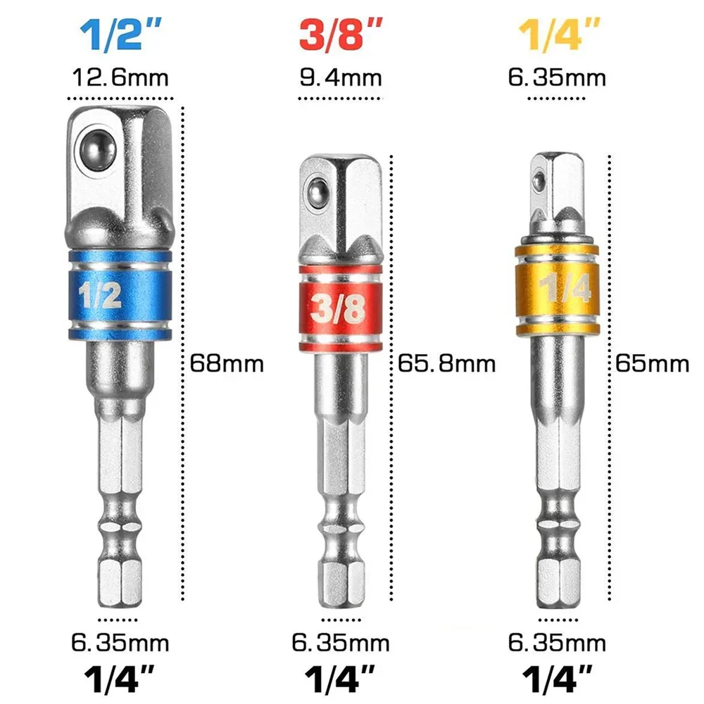 1PC/3PCS Hex Shank Drill Socket Adapter Set for Impact Driver - Square Socket Drill Bits Bar Extension, 1/4", 3/8", 1/2"