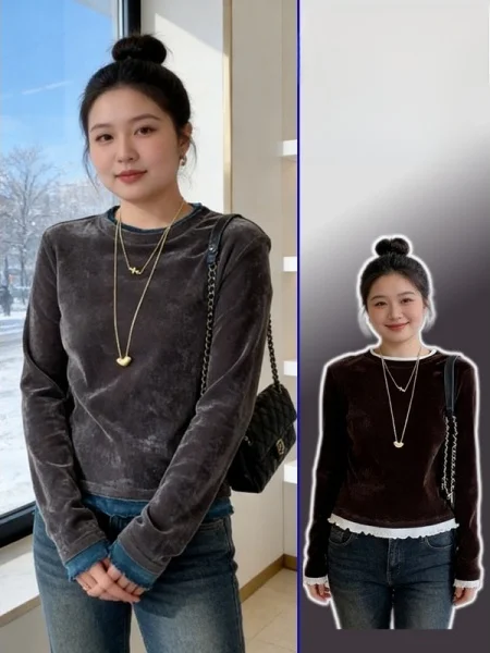 

plus Size Women's Fashionable round Neck Long Sleeve T-Shirt Korean Style Base Layer Top Casual Style Color Block Slim Fit