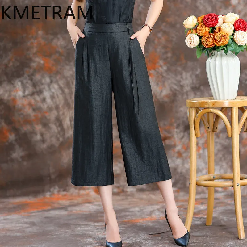 KMETRAM 100% Real Mulberry Silk Trousers Women 2026 Summer Elastic Waist Calf-length Wide-leg Pants Clothes for Woman Ropa Mujer