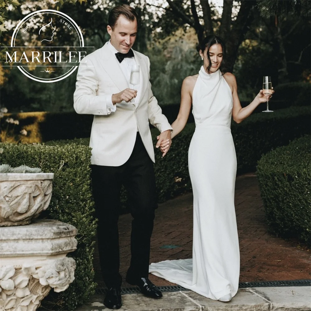 Marrilee Simple High Neck Halter Mermaid Stain Wedding Dresses Elegant Sleeveless Floor Length Backless Button Sexy Bridal Gowns