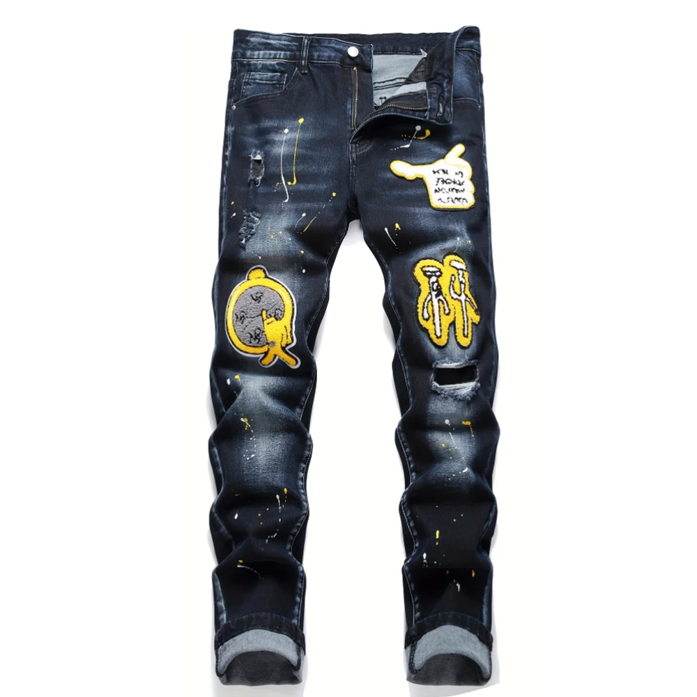 Men y2k Stretchy Denim jeans Ripped Skinny Letter Print elastic waist Casual pants for men Hole Slim Fit Denim Hip Hop Trousers