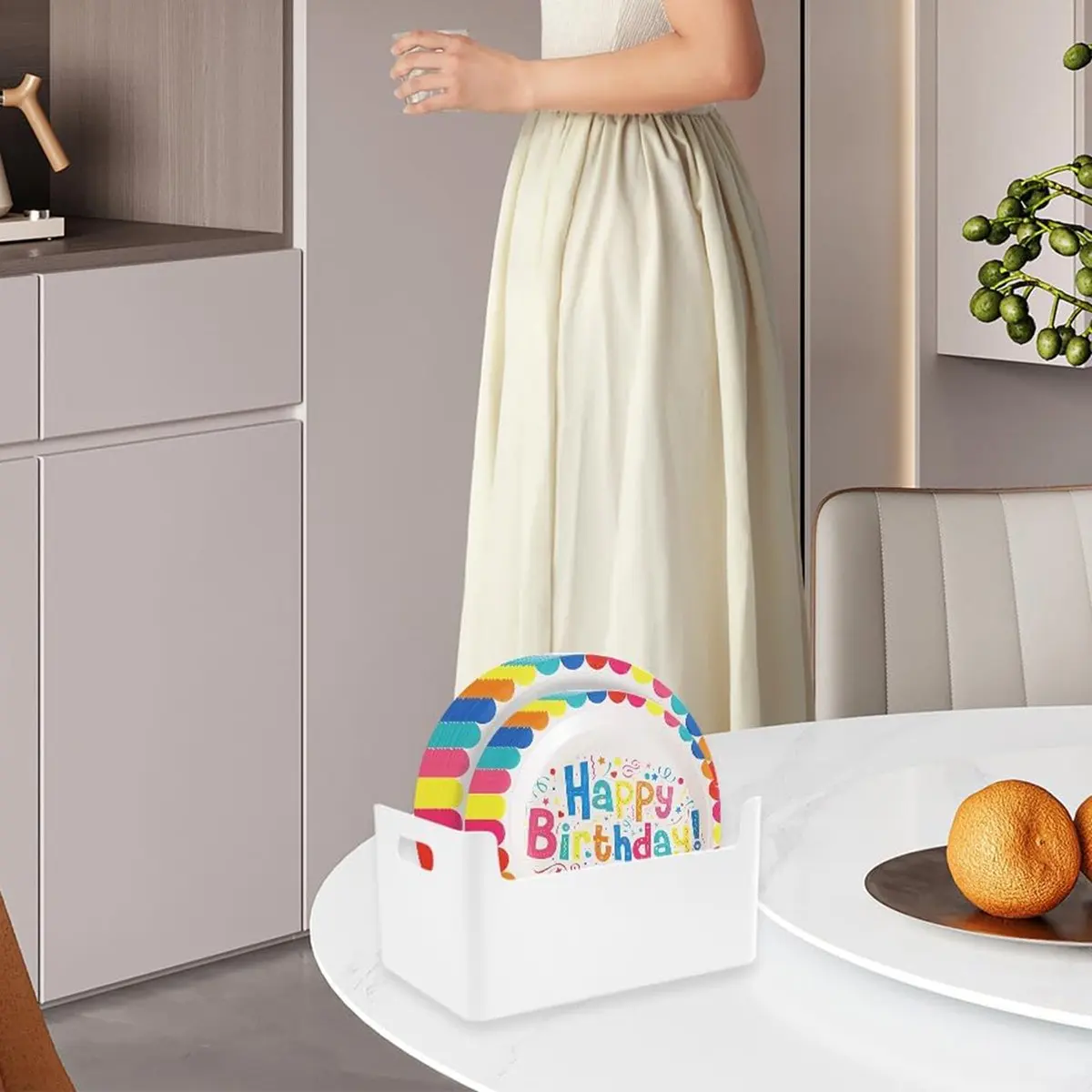 2Pcs Papers Plate Dispenser for 7-10 Inch Disposable Plates, Space-Saving Disposable Plate Storage Organizer for Cabinet