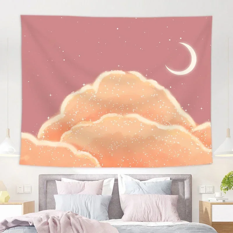Pink Moon Tapestry Ins Hanging Cloth Background Oil Painting Tapestry Dream Moon Room Decoration Tapestry Bedroom Wall Covering