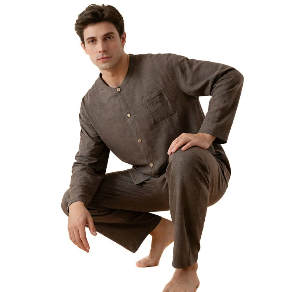 

Мужской пижамный комплект из 100% хлопка, 2 предмета: рубашка с длинным рукавом и брюки. Домашняя одежда для весны-осени 2026. Повседневный домашний костюм.