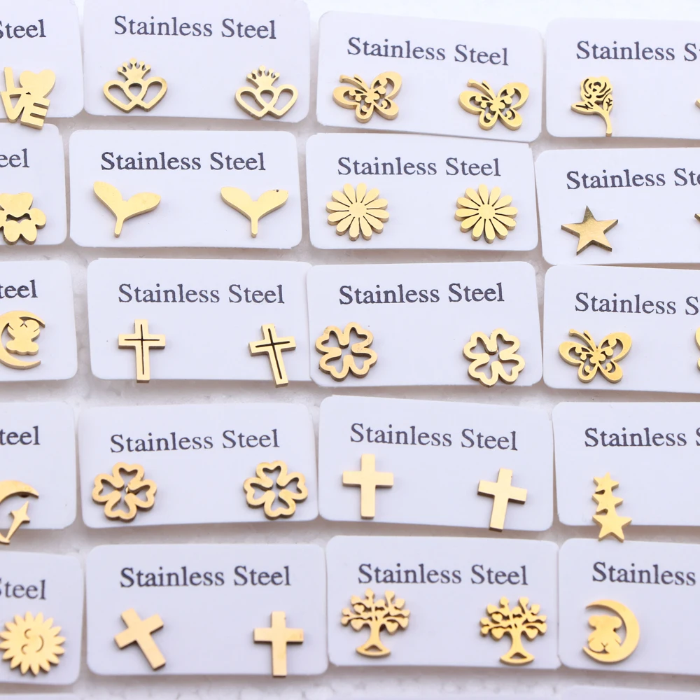 10Pairs/Lot Fashion Lovely Stainless Steel Mini Stud Women Earrings Sweet Heart Gold Silver Color Jewelry Wedding Party Gift