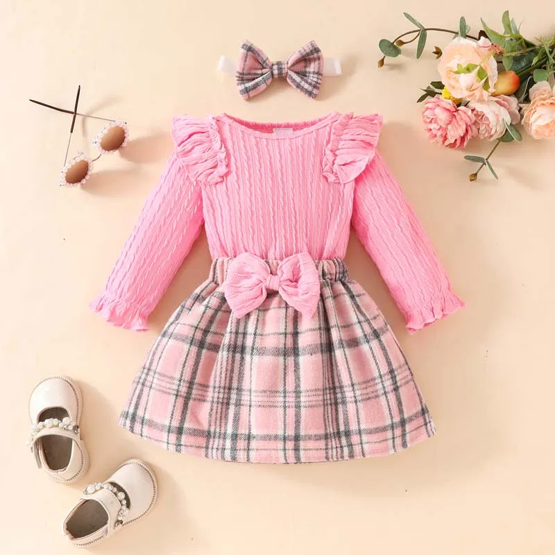 

0-18 Months Baby Girl Clothes3 Piece Set Pink Long Sleeve Bodysuit Plaid Half-Body Skirt with Hairband Autumn Newborn Outfits