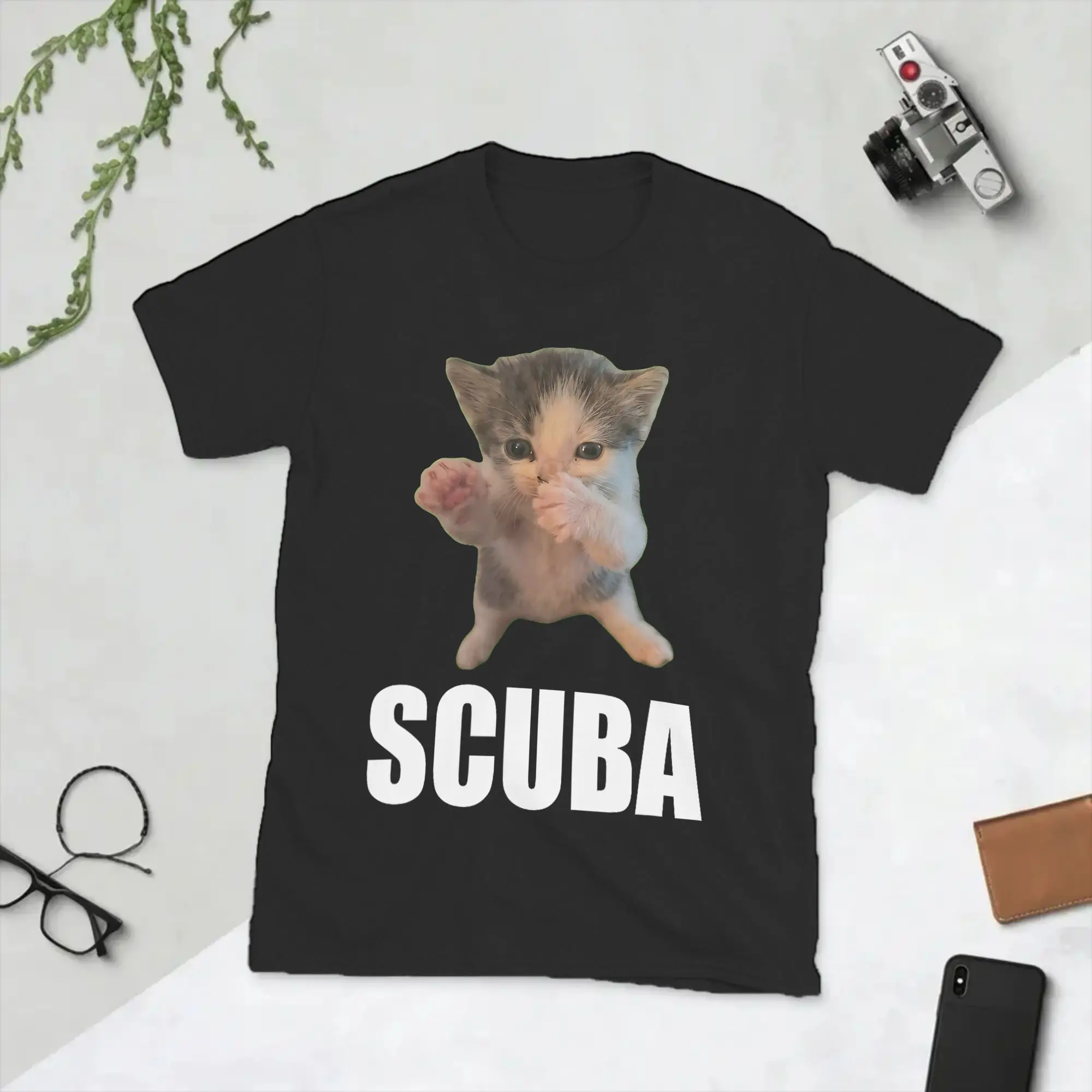 Cute Cat Scuba Dancing Meme T Shirts for Men Pure Cotton Vintage T-Shirt O Neck  Tees Short Sleeve Clothes Gift Idea